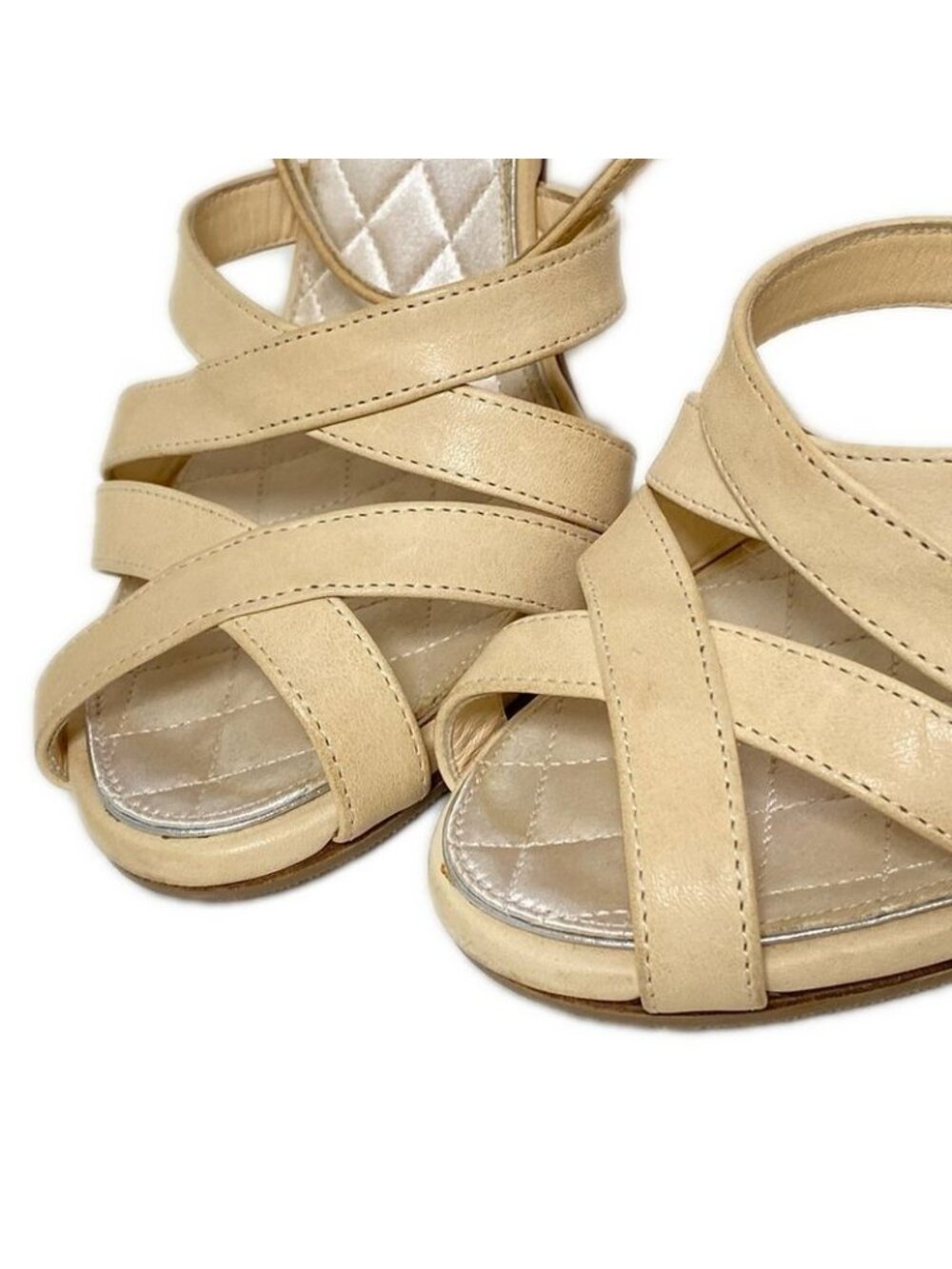 Chanel Sandals 38 Beige Coco Mark Outsole Reupholstered Leather - Picture 11 of 12